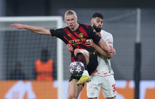 Gvardiol and Haaland tussle during the first leg of Champions League round of 16 between Manchester City and RB Leipzig