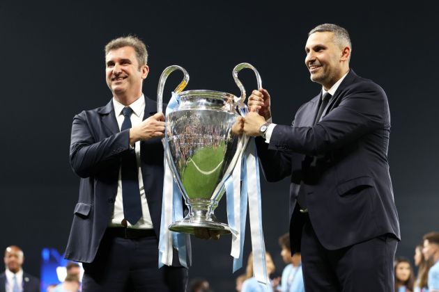 Ferran Soriano and Khaldoon with the Champions League trophy