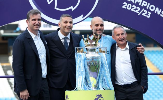 City bosses Ferran Soriano, Khaldoon Al Mubarak and Txiki Begiristain join Pep Guardiola with the Premier League trophy