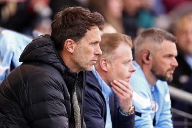 Manchester City Women manager Gareth Taylor watches on as they take on West Ham in the Women's FA Super League