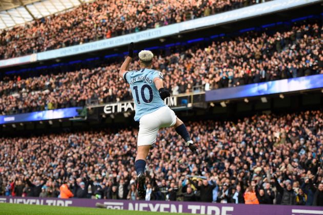 Sergio Aguero scores at the Etihad