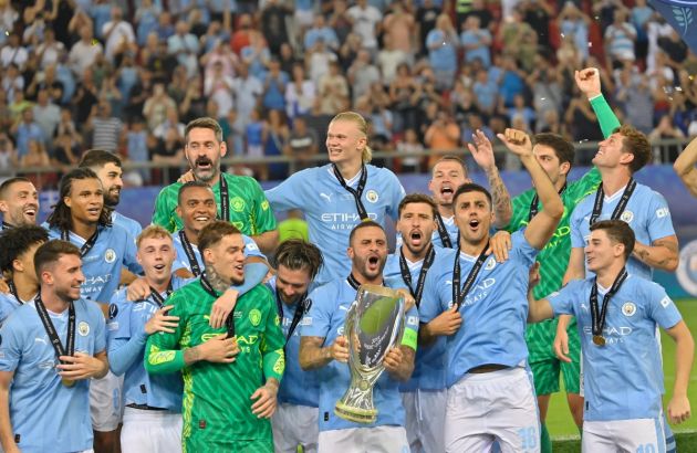 Kyle Walker lifts the UEFA Super Cup for Manchester City
